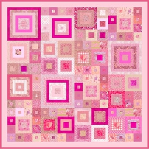 May include: A patchwork quilt in shades of pink, featuring a variety of square and rectangular patterns. The quilt has a pink border and incorporates floral, geometric, and solid fabric designs. The overall aesthetic is feminine and cozy.