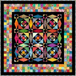 May include: A colourful quilt with a geometric pattern of squares, diamonds, and triangles. The quilt is made up of many different fabrics, each with a unique pattern. The quilt is framed by a border of smaller squares.