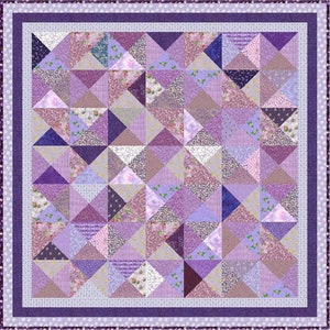 May include: A square quilt with a patchwork design in shades of purple. The quilt is made up of many triangular fabric pieces, forming a geometric pattern. The border is a darker purple with a dotted design.