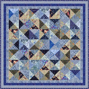 May include: A square quilt featuring a patchwork of triangular fabric blocks in various shades of blue, navy, and cream. The design incorporates floral, star, and geometric patterns, finished with a dark blue border and a thin outer patterned trim.