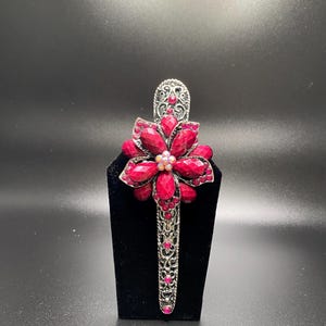 Romantic Vintage Hair Clip- Silver Floral with Pink Crystals