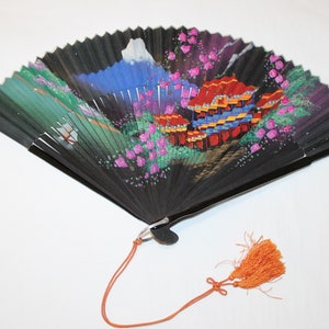 Vintage Mt Fuji and Pagoda Hand Painted Folding Hand Fan