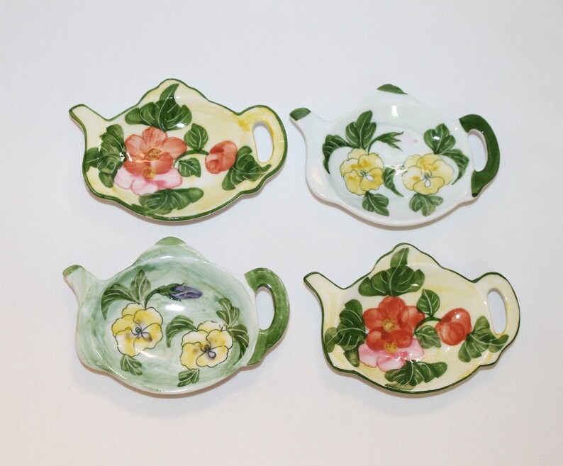 Teapotshaped Tea Bag Plates with Hand Painted Flowers Etsy