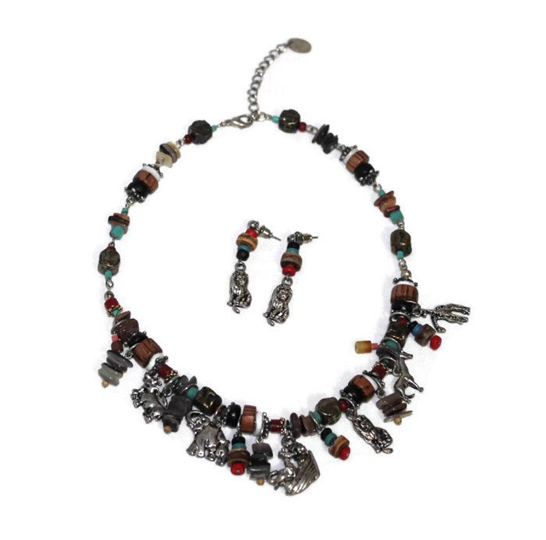 Colorful Bib Necklace African Animals Demi Parure Necklace and Earrings