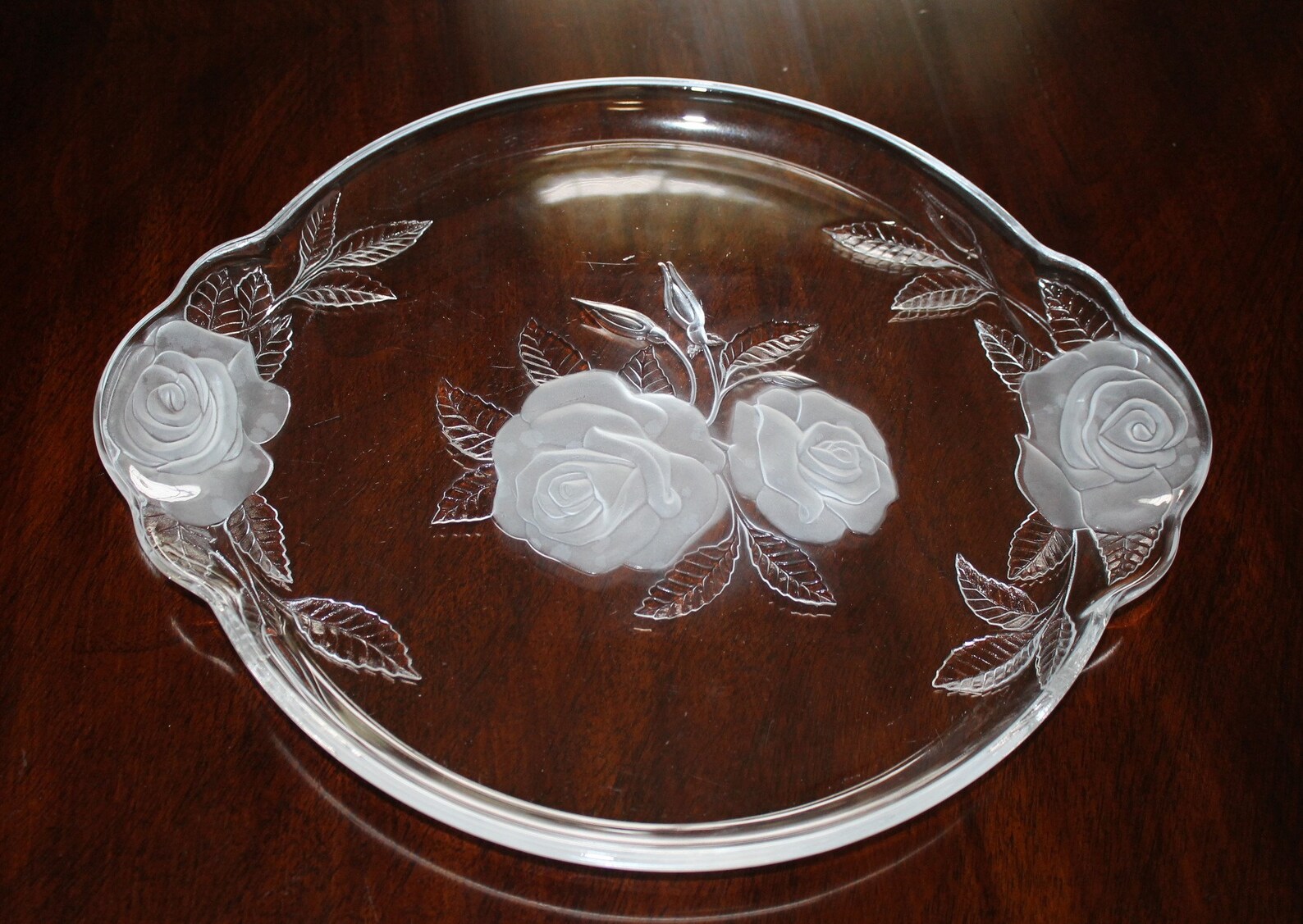 Large Crystal Serving Platter with Frosted Roses Etsy