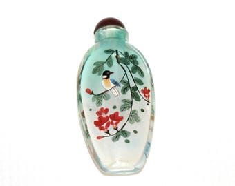 Chinese Glass Snuff Bottle with Hand Painted Reverse Image - Birds - Artist Signed
