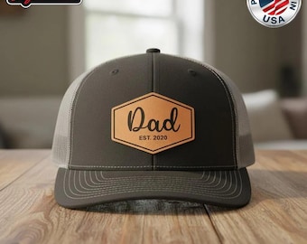 Dad Est Trucker Hat, Leather Patch Dad Hat, Father’s Day Gift Hat, Dad Established Hat, Mesh Snapback Cap