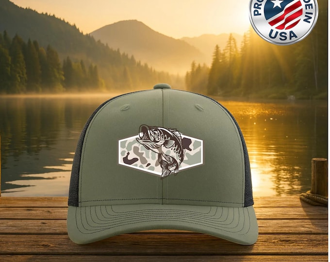 Camo Bass Fishing Trucker Hat, Fisherman Gift for Dad, Leather Patch Cap, USA Made Mesh Snapback