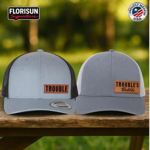 Couples Trouble Trucker Hats, Trouble and Troubles Bubble Hats, Matching Couples Hats, Funny His and Hers Hats, Mesh Snapback Caps