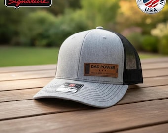 Dad Power Trucker Hat, Funny Dad Hat with Leather Patch, Gift for Dad, USA Made Mesh Cap, Father’s Day Hat