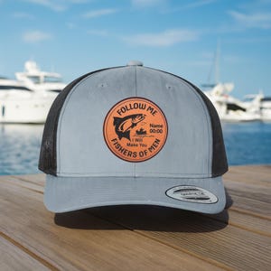 Follow Me Fishers of Men Trucker Hat, Christian Fishing Hat, Leather Patch Faith Hat, Custom Name Fishing Cap