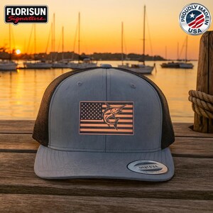 American Flag Fishing Trucker Hat, Marlin Leather Patch Hat, USA Made Fishing Hat, Patriotic Angler Gift, Mesh Back Cap