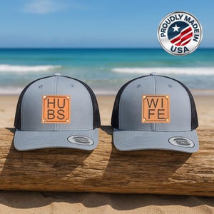 Matching Couple Trucker Hats, Husband Wife Anniversary Gift, His & Hers Faux Leather Patch Hats, Wedding Engagement Present