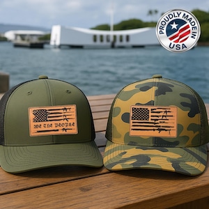American Flag Trucker Hat, We The People Leather Patch Cap, Patriotic Gift for Men, USA Mesh Snapback, 4th of July