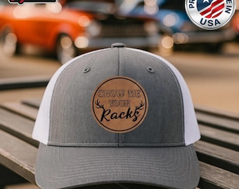 Funny Hunting Trucker Hat, Buck Rack Antler Gift for Hunters, Leather Patch Cap, Deer Hunter Mesh Snapback
