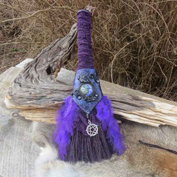 Witch's Altar Broom 12", Moon and Sun Besom  with Polymer Clay Design, Witchcraft Supply, Wicca Pagan Decor, Gift for Wiccan, Pagan Gift