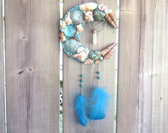 Sea Shell Crescent Moon Wall Art 6", Ocean Lover Gift Idea, Coastal Decor, Wicca Pagan Home Decor, Gemstone Wall Hanging, Gift for Sea Witch