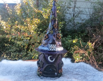 Witch's Fairy House Cottage, Polymer Clay Fantasy Art Sculpture, Unique Gift For Witch Pagan or Wiccan, Magical Forest Witch Hat Figurine