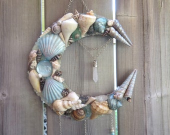 Sea Shell Crescent Moon Wall Art 8", Ocean Lover Gift Idea, Coastal Decor, Wicca Pagan Home Decor, Gemstone Wall Hanging, Gift for Sea Witch