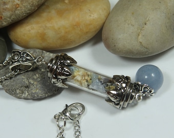 Witch's Amulet Necklace, Aquamarine Crystal Vial Pendant, Wiccan Jewelry, Witchcraft Wicca Pagan Necklace, Good Luck Talisman