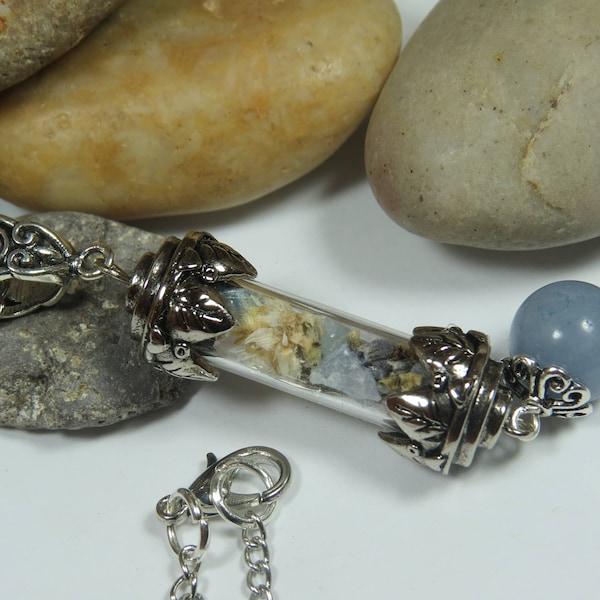 Witch's Amulet Necklace, Aquamarine Crystal Vial Pendant, Wiccan Jewelry, Witchcraft Wicca Pagan Necklace, Good Luck Talisman