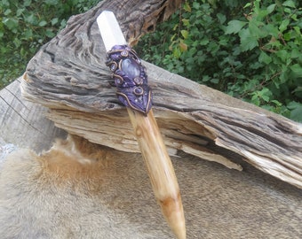 Witch's Ritual Wand 12", Pink Mangano Calcite, Wicca Pagan, Polymer Clay Art, Witchcraft Altar, Gift for Witch  Circle Casting Crystal Wand