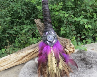 Witch's Altar Broom 12", Purple Besom Broom with Polymer Clay Design, Witchcraft Supply, Wicca Pagan Decor, Gift for Wiccan, Pagan Gift