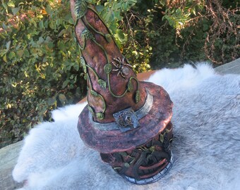 Witch's Fairy House Cottage, Polymer Clay Fantasy Art Sculpture, Unique Gift For Witch Pagan or Wiccan, Magical Forest Witch Hat Figurine
