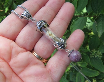 Lepidolite Vial Necklace, Witchcraft Jewelry, Witch's Capsule Pendant, Stone for Peace, Gemstone Crystal