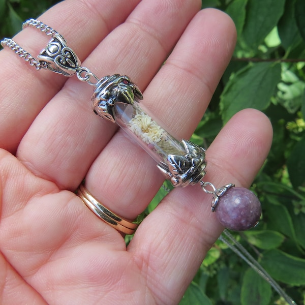 Lepidolite Vial Necklace, Witchcraft Jewelry, Witch's Capsule Pendant, Stone for Peace, Gemstone Crystal