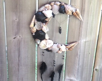 Sea Shell Crescent Moon Wall Art, Ocean Lover Gift Idea, Coastal Decor, Wicca Pagan Home Decor, Gemstone Wall Hanging, Gift for Sea Witch