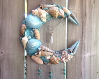 Sea Shell Crescent Moon Wall Art 8", Ocean Lover Gift Idea, Coastal Decor, Wicca Pagan Home Decor, Gemstone Wall Hanging, Gift for Sea Witch