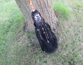 Raven Witch Broom, Handmade Besom, Pagan Home Decor, Witchcraft supplies, Black Crow Art, Gift for Witch, Black Crow