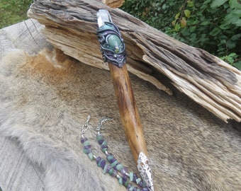 Wiccan Witch's Clear Quartz  Wand 12" , Wicca Pagan Ritual Wand, Polymer Clay Design,  Witchcraft Altar, Gift for Witch, Crystal Wand