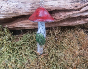Clear Quartz Mushroom Necklace, Polymer Clay Gemstone Pendant, Purple Whimsical Fantasy Jewelry, Magick Mushroom, Gift for Mushroom Lovers,