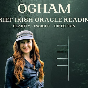 May include: A digital graphic featuring the text OGHAM BRIEF IRISH ORACLE READING CLARITY - INSIGHT - DIRECTION. A person with long red hair wears a gray cap and a dark jacket. To the right, a vertical line with four horizontal marks appears.