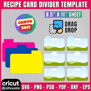 Modello di divisore per schede di ricette, divisori per schede di ricette, schede divisori per ricette, divisori per scatole di ricette, schede indice personalizzate, stampabili, modificabili da Canva