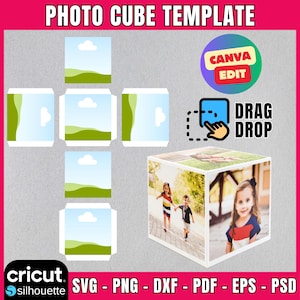 Plantilla de cubo de fotos, caja de cubo de fotos personalizada, plantilla de caja de fotos, plantilla de cubo 3D, caja de cubo de fotos, cubo de fotos de recuerdo, caja Svg, Canva editable