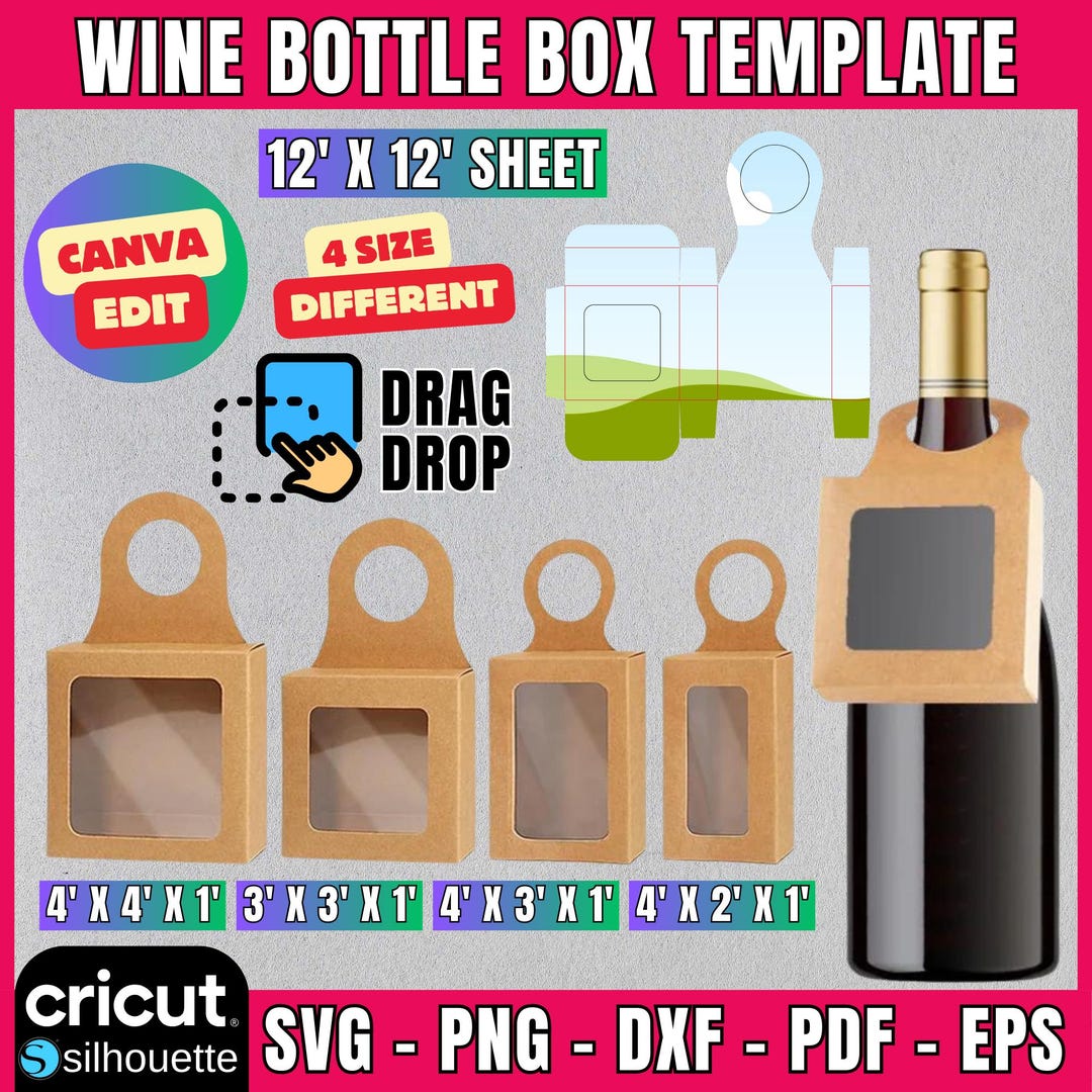 Wine Bottle Box Template, Wine Box Tag Svg, Wine Bottle Box Bundle Svg ...
