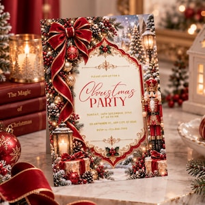 Könnte beinhalten: Eine rechteckige Einladungskarte für eine Weihnachtsfeier mit cremefarbener Mitte und rotem Text, der lautet: Please join us for a Christmas party, Sunday, 20th December, 20XX at 06.00 PM, 123 Anywhere St., Any City, ST 12345, RSVP to +123-456-7890.