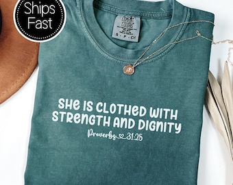 Proverbs 31:25 Mothers Gift Christian T Shirt Custom Bible Verse Clothed With Strength Comfort Colors® Personalised Mom Gift Idea