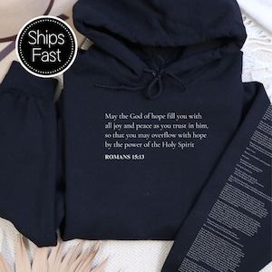 Romans 15:13 Holy Spirit Gift for Her or Him Christian Hoodie Custom Bible Verse Sleeve All Joy and Peace Personalised Pentecost Gift Idea