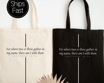 Personalized Christian Church Group Tote Bag Matthew 18:20 Where Two or Three Gather