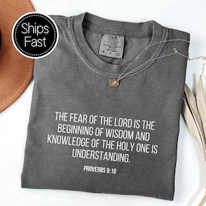 May include: A gray Comfort Colors t-shirt with the text "THE FEAR OF THE LORD IS THE BEGINNING OF WISDOM AND KNOWLEDGE OF THE HOLY ONE IS UNDERSTANDING. PROVERBS 9:10" in white. A silver necklace with a pendant rests on the shirt.