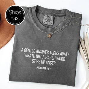 May include: A grey Comfort Colors t-shirt with the text "A GENTLE ANSWER TURNS AWAY WRATH BUT A HARSH WORD STIRS UP ANGER. PROVERBS 15:1" in white. A silver necklace with a pendant rests on the shirt.