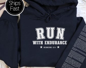 Hebrews 12:1 Game Day Gift for Her or Him Christian Hoodie Custom Bible Verse Sleeve Run With Endurance Personalised Sports Gift Idea