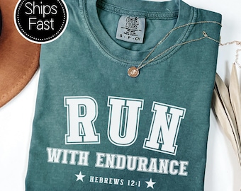 Hebrews 12:1 Game Day Gift for Her or Him Christian T Shirt Custom Bible Verse Run With Endurance Comfort Colors® Personalised Sports Gift