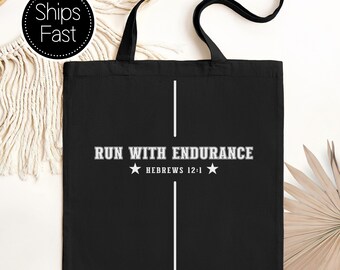 Hebrews 12:1 Game Day Gift for Her or Him Christian Tote Bag Custom Bible Verse Run With Endurance Reusable Personalised Sports Gift Idea
