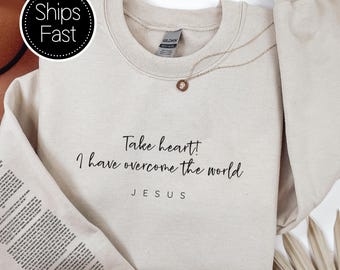 Johannes 16:33 Jezus cadeau voor haar of hem Christelijk sweatshirt Bijbelvers mouw Take Heart I Have Overcome gepersonaliseerd cadeau-idee
