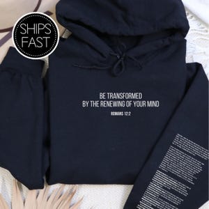 Romans 12:2 Scripture Gift for Her or Him Christian Hoodie Custom Bible Verse Sleeve Be Transformed Personalised Gift Idea